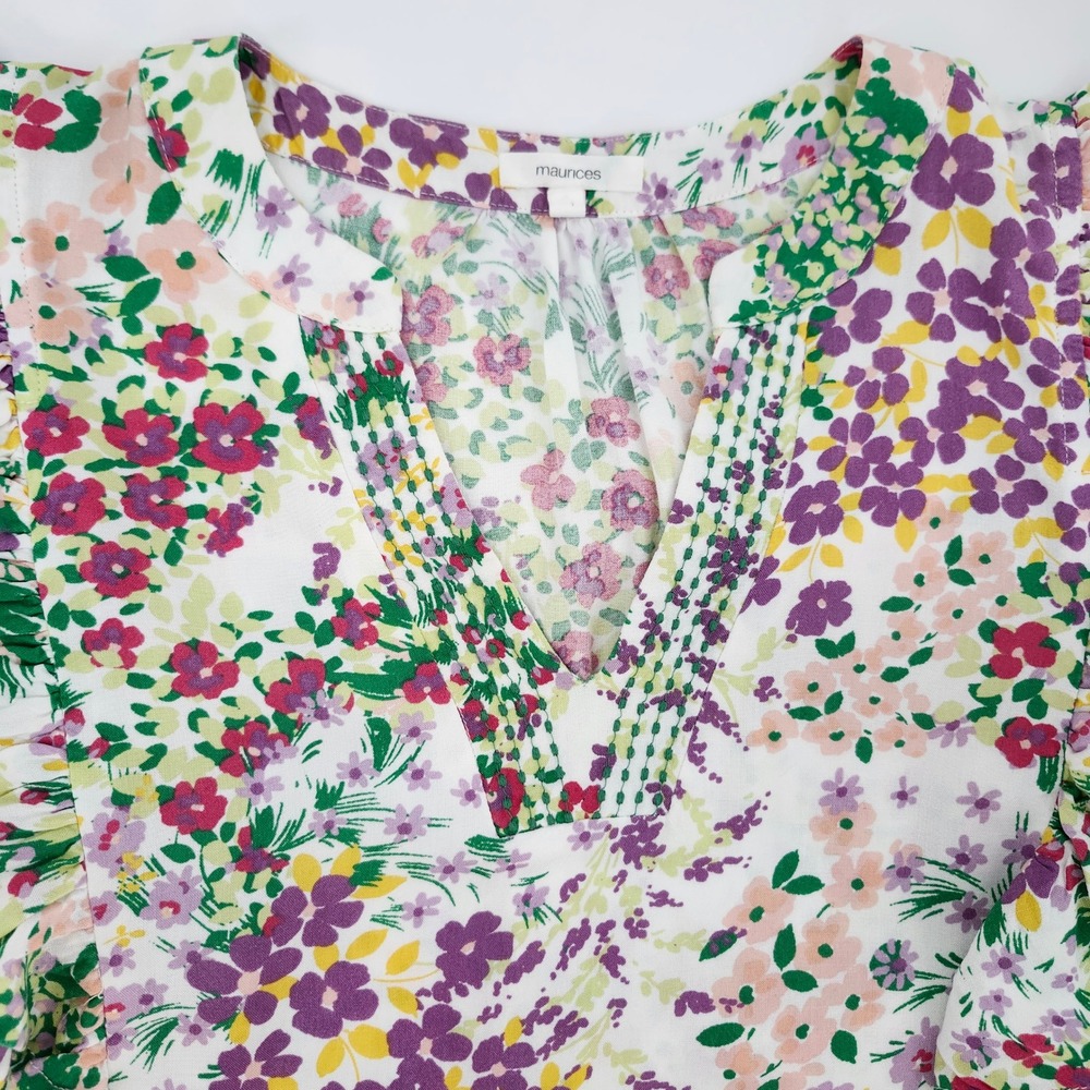 Bright Floral Boho Ruffle Sleeve Top Size S Botanical Floral Cottage Garden
